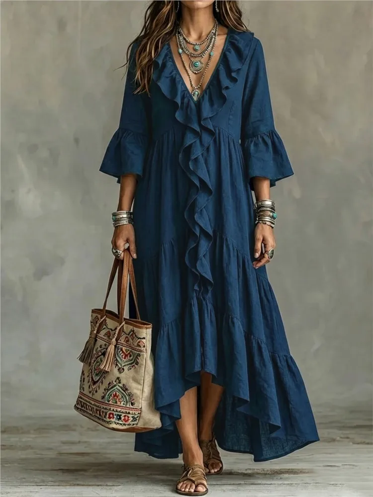 Women Boho Ruffle V‑Neck Maxi Dress 3/4 Flare Sleeve Irregular Hem Long Dress Ladies Loose Tiered Holiday Beach Bohemian Dresses