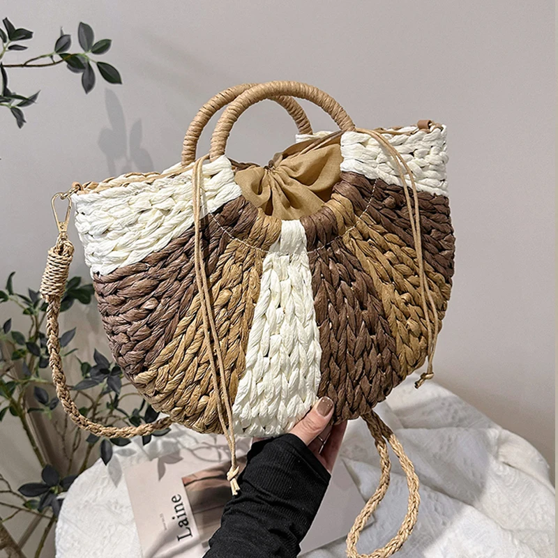 New Summer Straw Bag For Women Splicing Beach Bag Braided Handmade Handbag Bohemia Vacation tote Bag Ladies Baskets Shopping bag