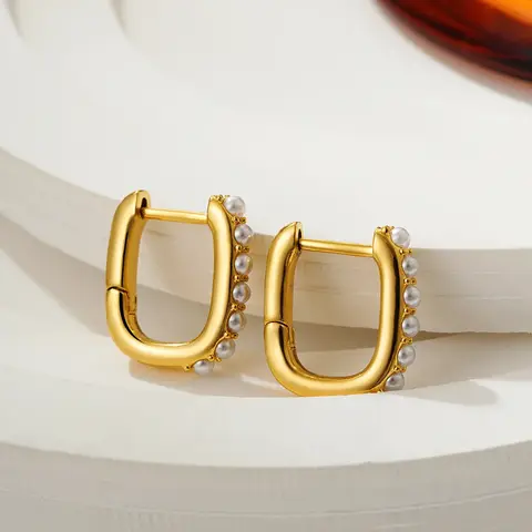 기하학적 모조 진주 미니 허기 후프 귀걸이, 골드 컬러, U 모양 이어 버클, 패션 주얼리 선물, 트렌디 신상