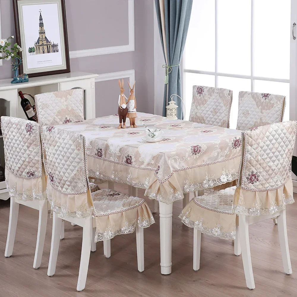 High quality European Linen Dining Table cloth set Decor 1PCS Lace Tablecloth Round ectangle 6PCS Chair Cover Bundle sale