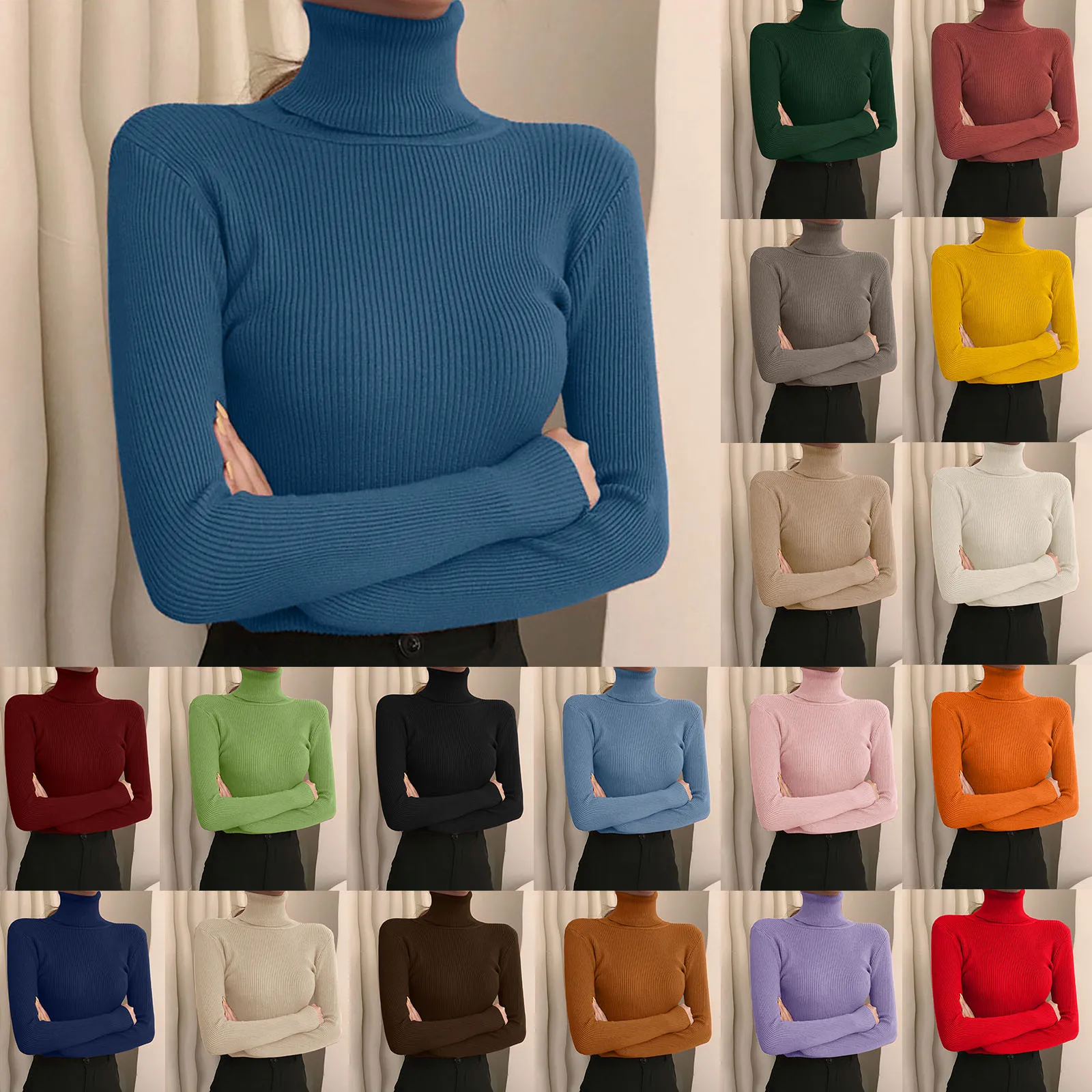 Korean Simple Women Pullover Autumn Fashion Long Sleeve Slim Elastic Turtleneck Sweater Basic Cheap Jumper Solid Color Top