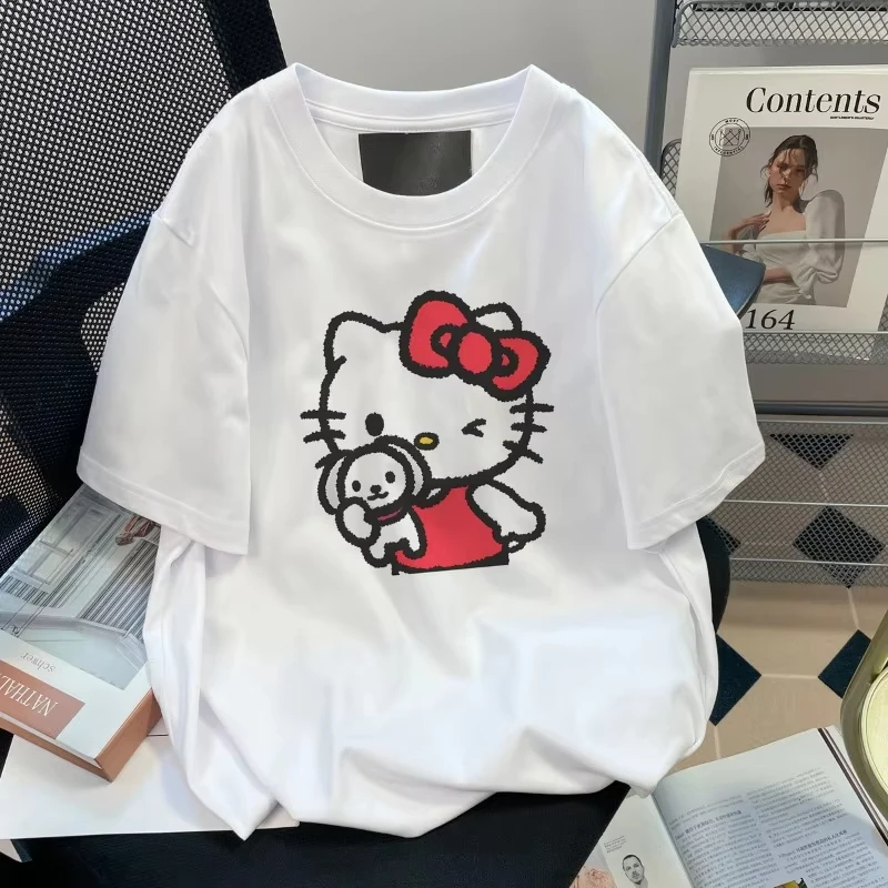 Men Cute Women's T-Shirt Summer Hello Kitty Cat Casual Student Loose 100% Cotton Cartoon Tops Casual Fashion Street Women's Gym