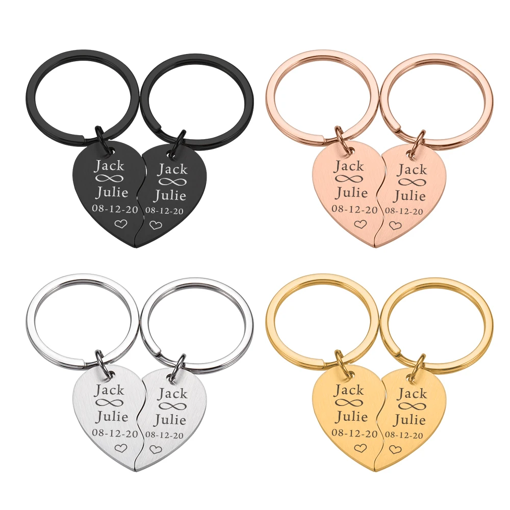 Paired Heart Couple Keychain Personalized Lover Name Special Date Keyring Gift Girlfriend Boyfriend Anniversary Present Souvenir