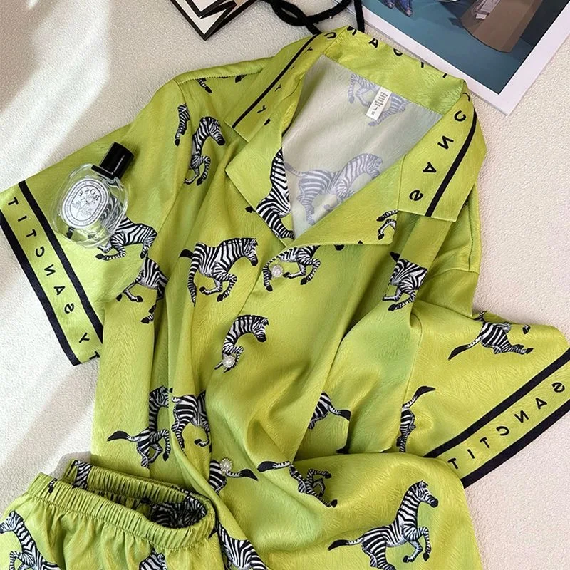 Pajama Set Women 2025 New Ice Silk Pijamas De Mujer Green Zebra Pajamas Short Sleeve Shorts Long Pants Sleepwear 3pcs