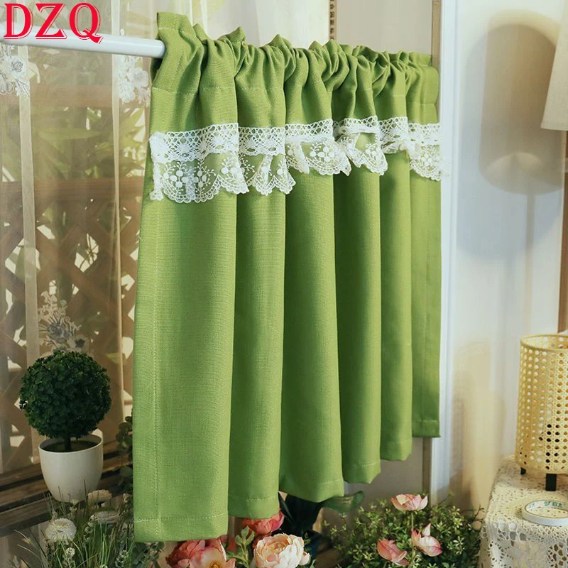 

Linen and Cotton Japanese Green Semi-Blackout Short Curtains Living Room Rural Lace Half Curtains Cloth Kitchen #A228