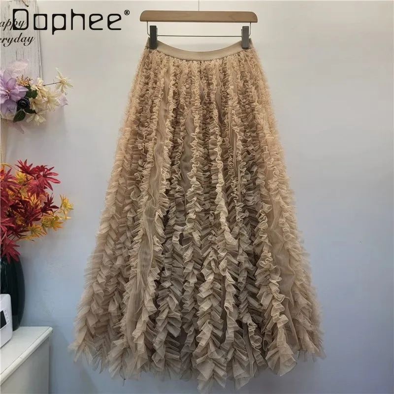 

2026 New Women's Fashion Casual Versatile Mesh Midi Skirt Slimming Cake Skirt Long Skirts Women Clothing Y2k Skirts