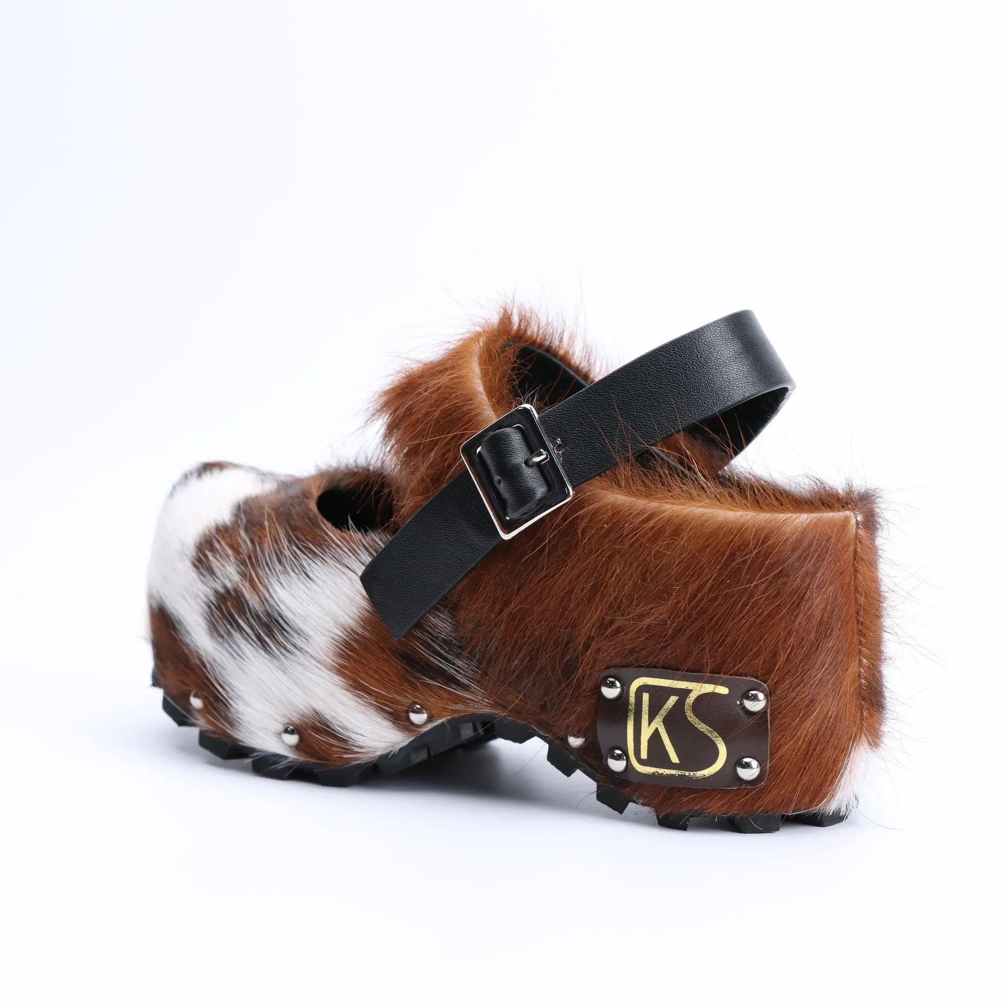 Arch Support Slip-On Luxury Handmade Platform Fur Clogs for Women, Leather Sandals with Natural Calf Hair, Studded Cowboy Style