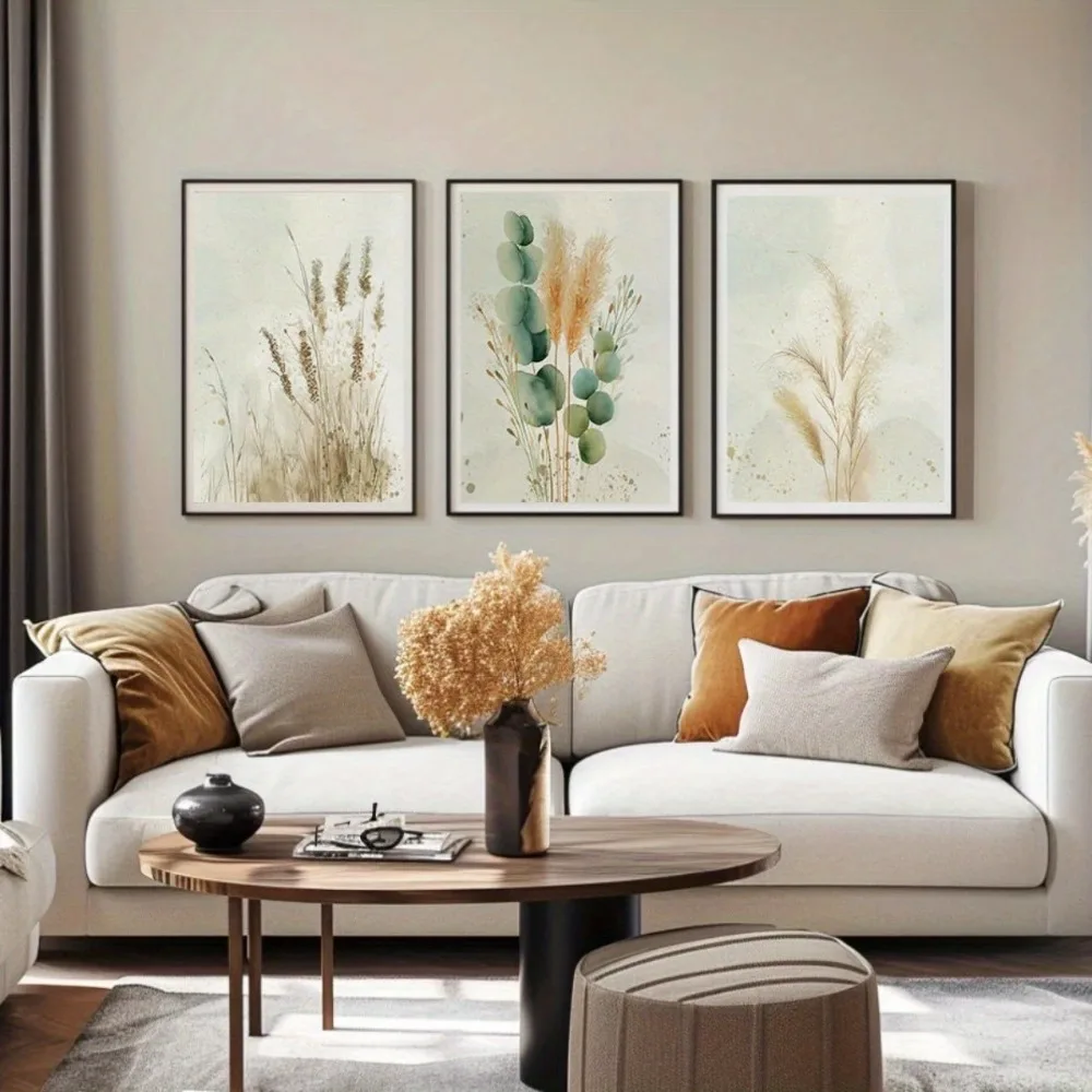 3pcs frameless Canvas Painting 3pcs Frameless Poster,Wildflower Wall Art,Digital Download,Bohemian Room Decor,Watercolor Pampas
