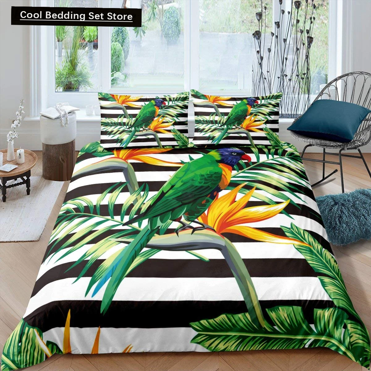 

Parrot King Queen Duvet Cover Colourful Feather Bedding Set Rain Trees Bird Quilt Cover Sunset Mountain Natural Comforter Cover