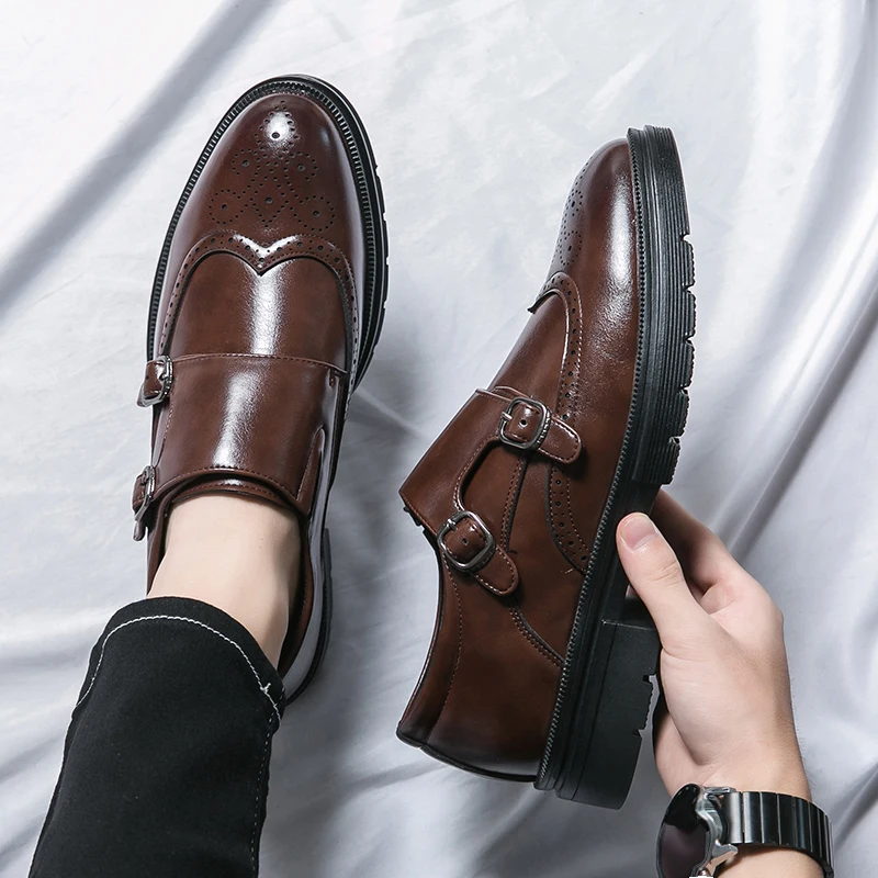 Spring New Fashion Men's Comfortable Leather Shoes Mengke Shoes Brand Business Carved Dress Double Buckle Groom Wedding Shoes