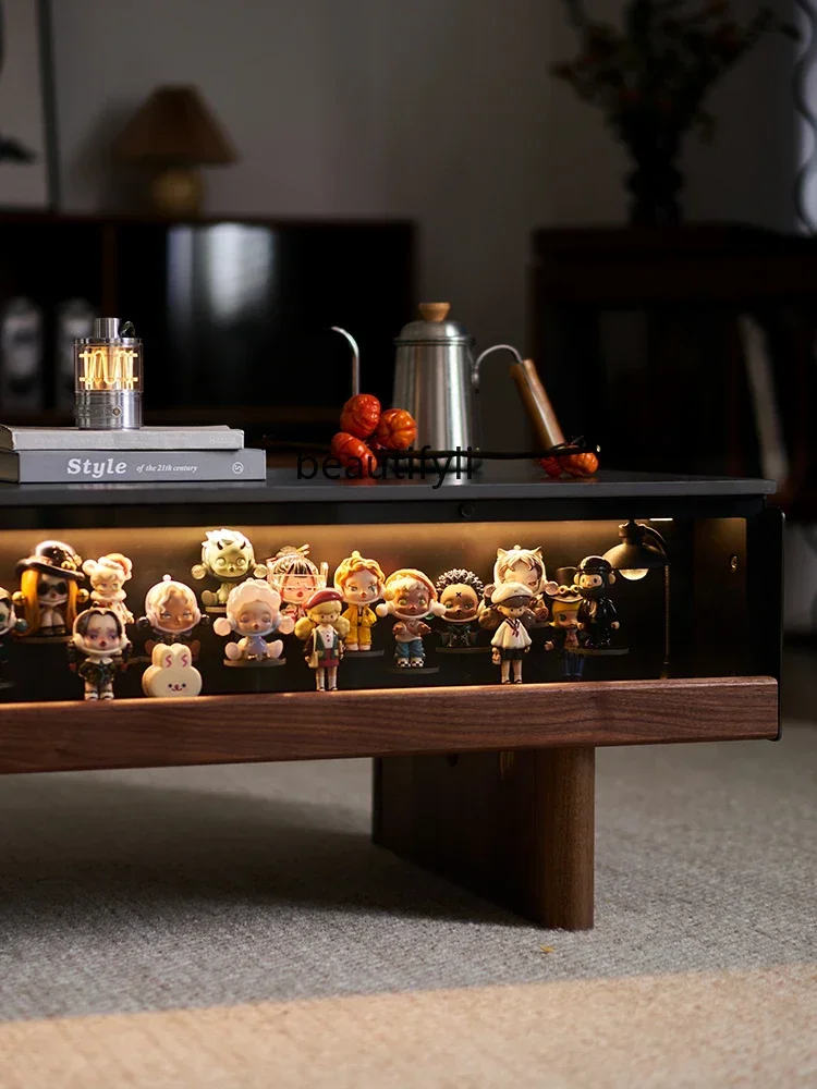Q181 Minimalist Coffee Table Black Walnut Solid Wood Stone Plate Display with Light Atmosphere Modern Black Rectangular   Apartm