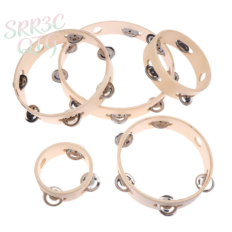 4/6/7/8/10Inch Hand Drums Toys Education Orff Musical Instrument Tambourine Hand Cranked Bell Single Row Wooden Tambourine Rings