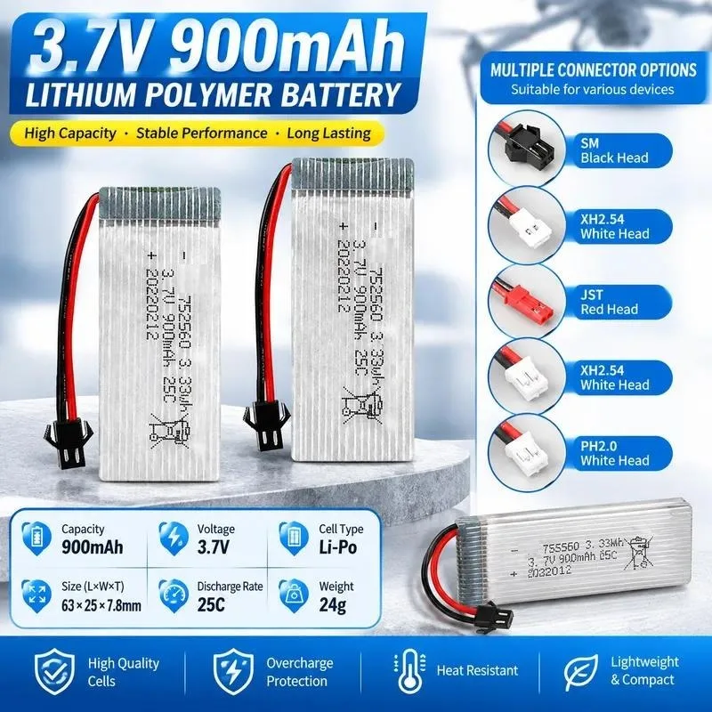 3.7V 900mAh Lithium Battery for 8807 8807W Aircraft Drone 25C High Rate 752560 LiPo Battery