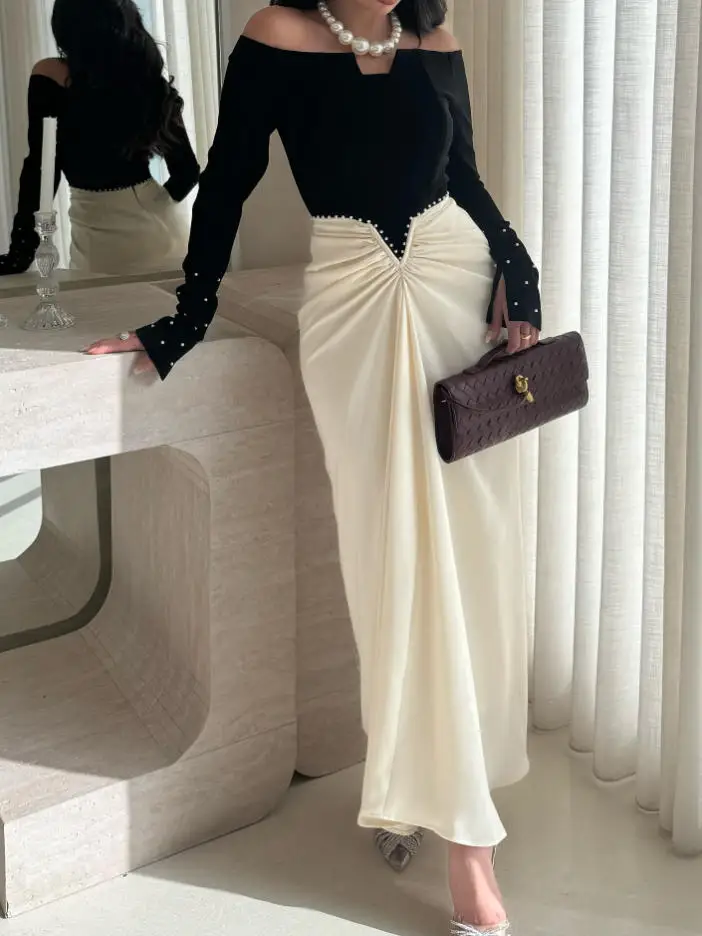 Women's Dress 2026 Spring Autumn New Color Blocking Fashion Beading Decor Off Shoulder Long Sleeve Elegant Slim Fit Long Dress