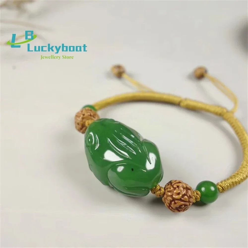 Handicraft Natural Xinjiang Hetian Jade Jasper Micro Black Dot Stone Frog Bracelet Quack Money String