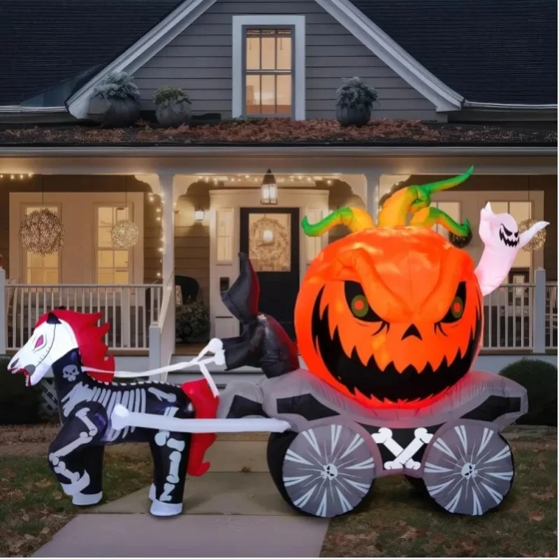 2,4 m lange Kürbiskutsche, aufblasbare Halloween-Dekorationen für den Außenbereich, aufblasbare Kürbiskutsche mit eingebauten LEDs, aufblasbar für den Garten, Halloween-Aufblasbare Partydekoration für