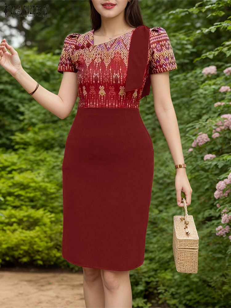 ZANZEA Abito da festa elegante da donna 2025 Abiti stampati alla moda Estate Manica a sbuffo Slim Fit Lavoro Vestito estivo Patchwork Abiti Robe
