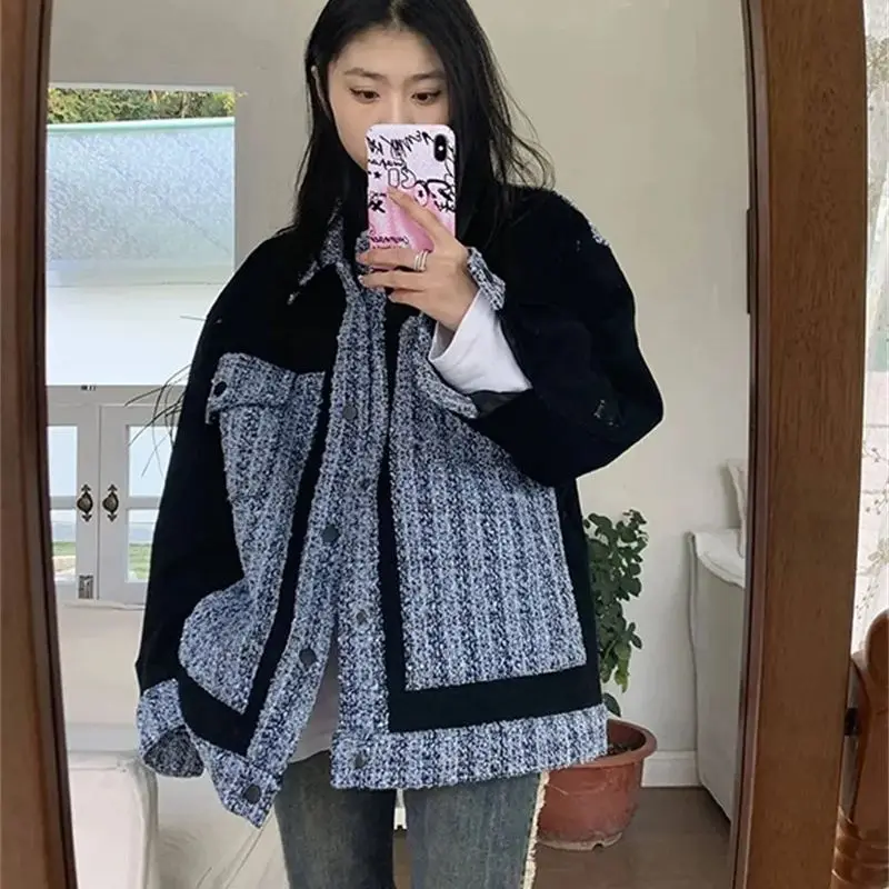 

Small Fragrance Patchwork Jacket Women's New Loose China-Chic Cool Niche Design Color Matching Lapel Jacket top in Autumn 2025