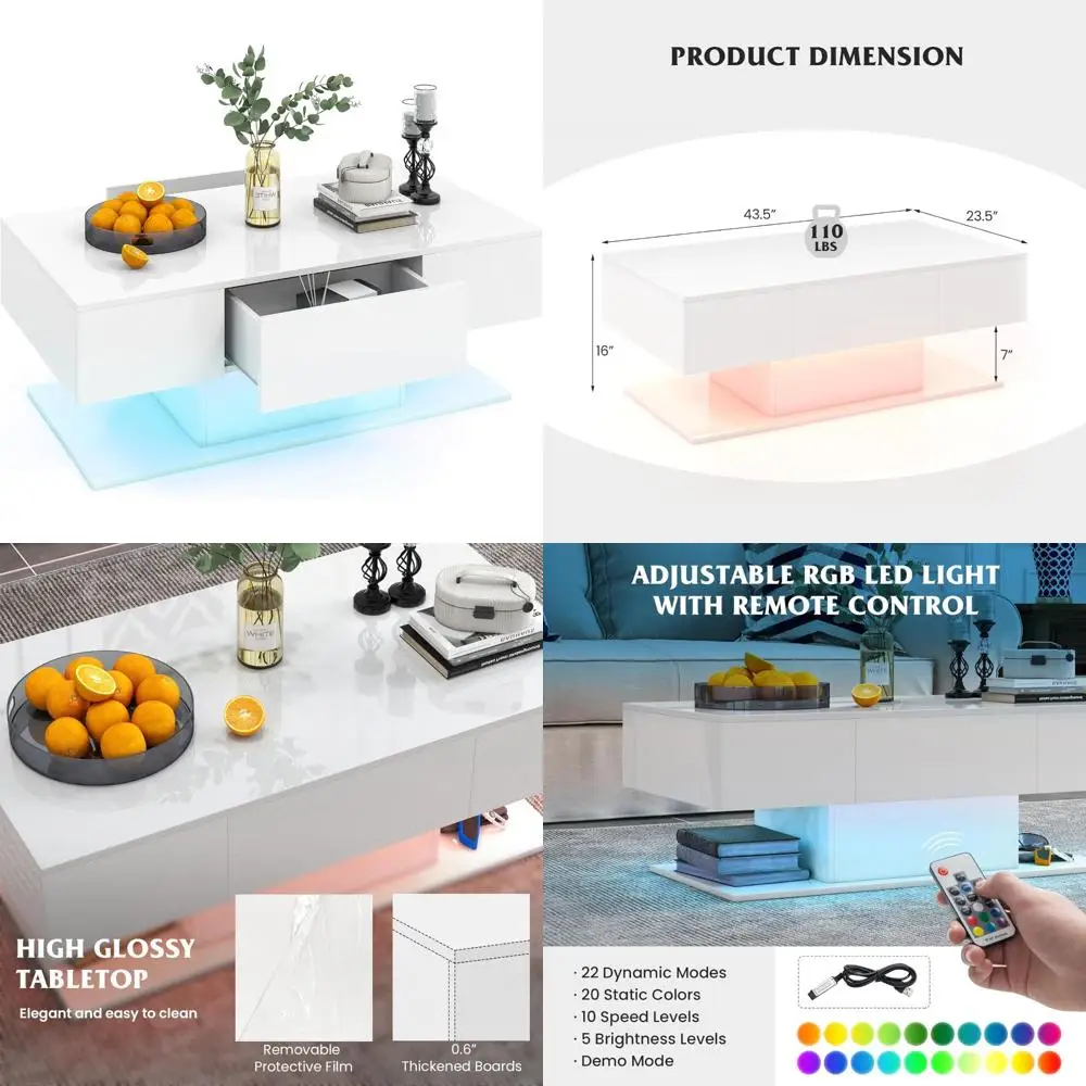 Modern LED Coffee Table with 2 Drawers, High Gloss Finish, 20-Color Dimmable Lights, Remote Control, 2-Tier Design