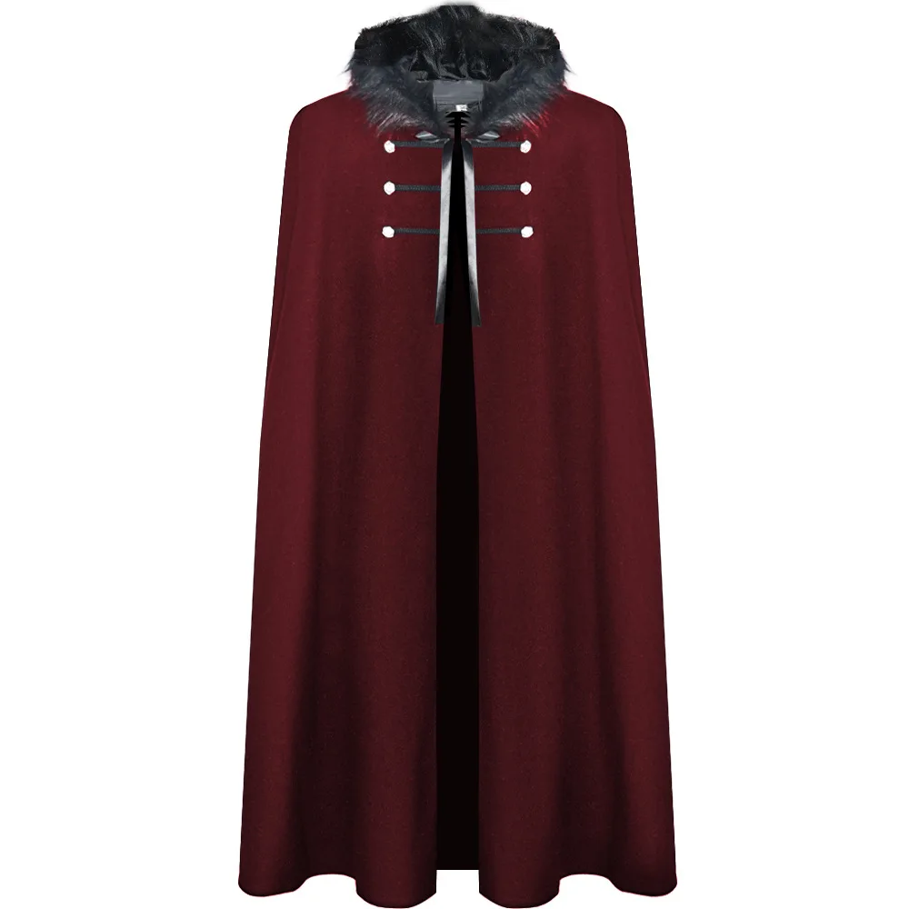 Medieval Men's Fashion Celtic Retro Cape Coat Vintage Ranger Gothic Style Fur Collar Cloak Man Long Cardigan Snow