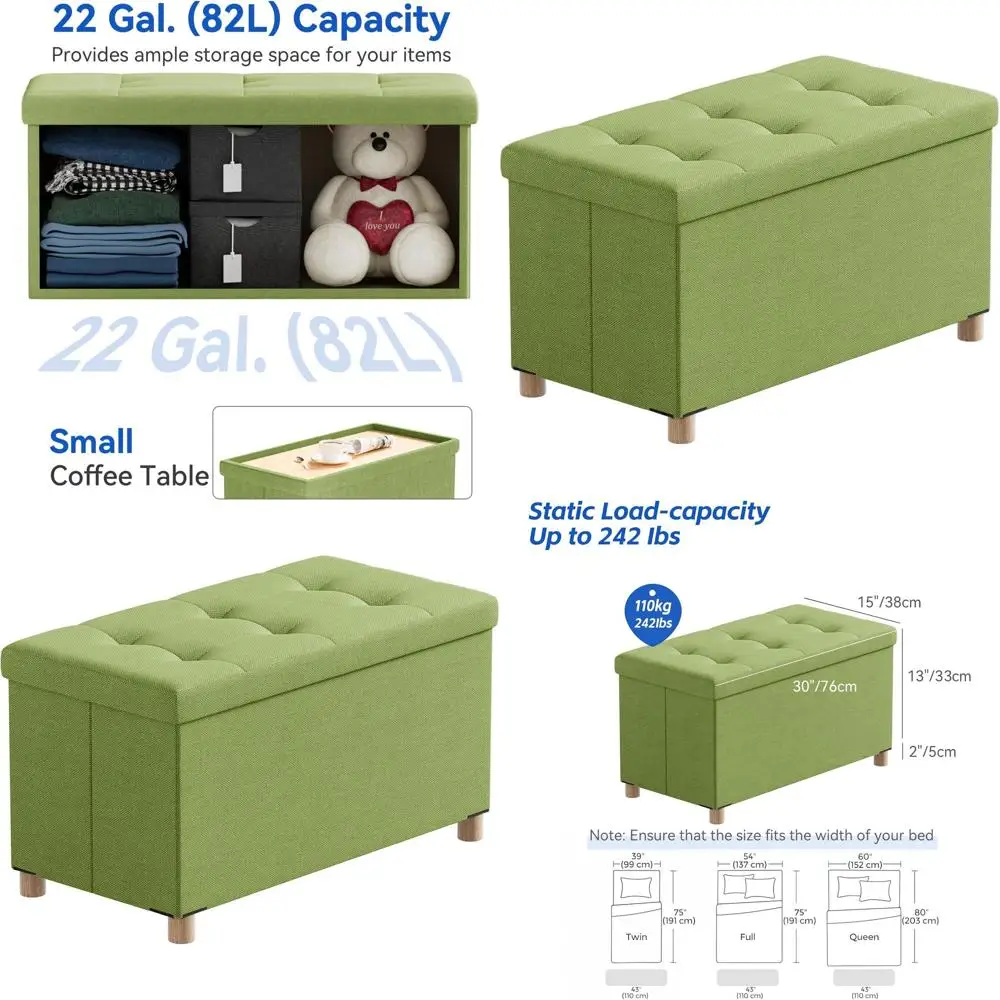 

Green 30 Inch Folding Storage Ottoman Bench for Home, Versatile Footrest with Storage