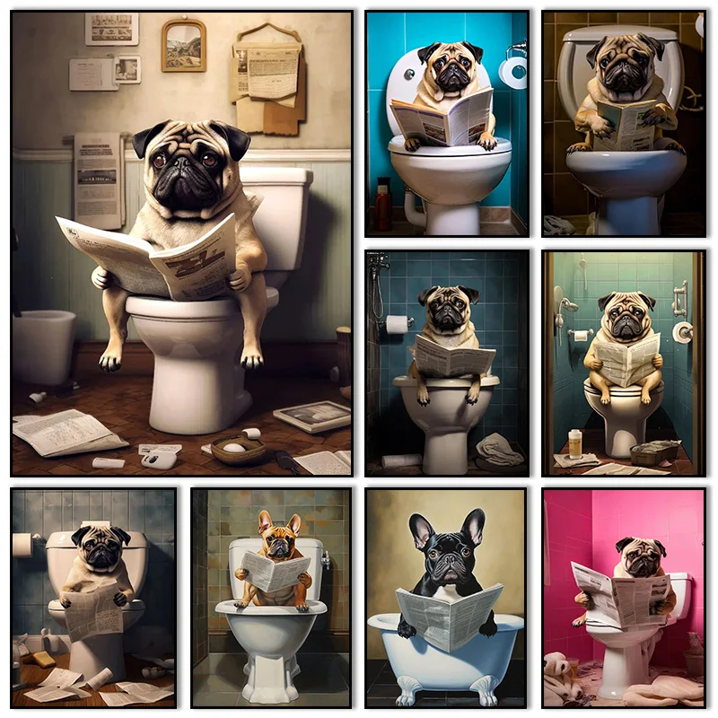 Funny French Bulldog Pug Dog Sit on Toilet Read Newspaper Poster Canvas Painting Print Animal Wall Art for Bathroom Home Decor