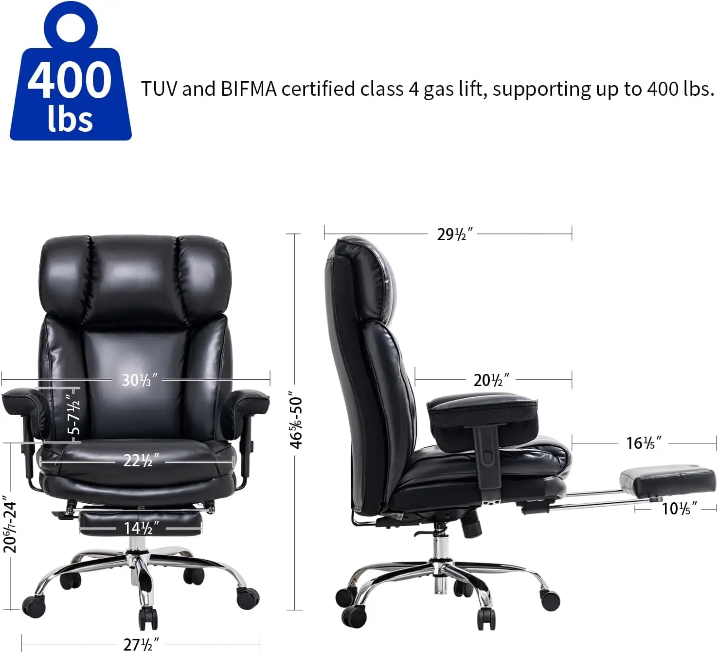 Big and Tall Office Chair 400lbs, Wide Seat, Telescoping Leg Rests, Adjustable Armrests - Comfortable Office Chair for Lower