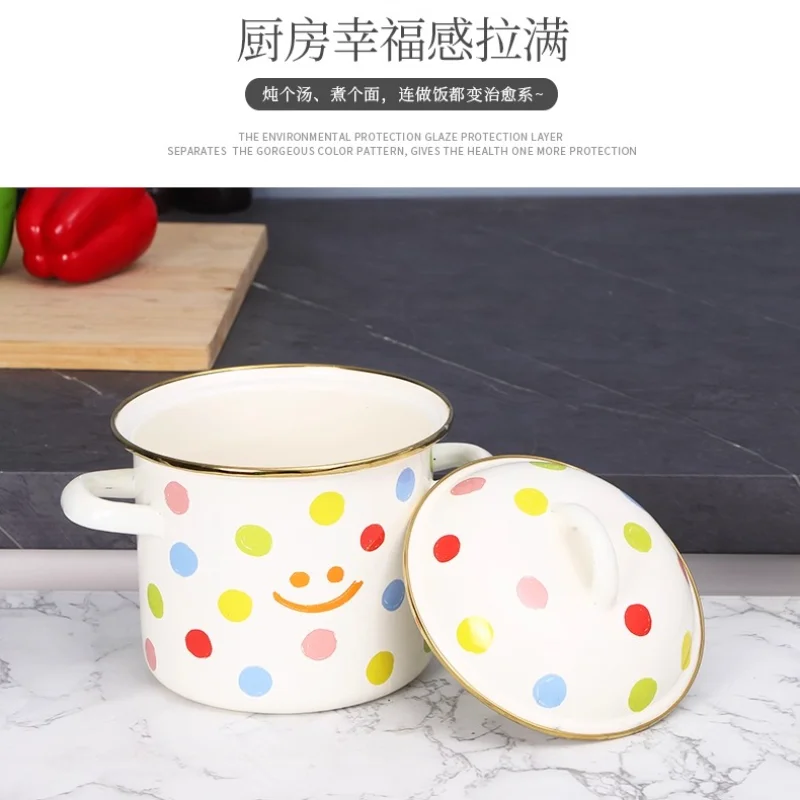 Home Nordic Enamel Pot Enamel Binaural Soup Pot Enamel Pot Single Binaural Bubble Noodle Cup with Lid Bowls Retro Double-Ear Cup