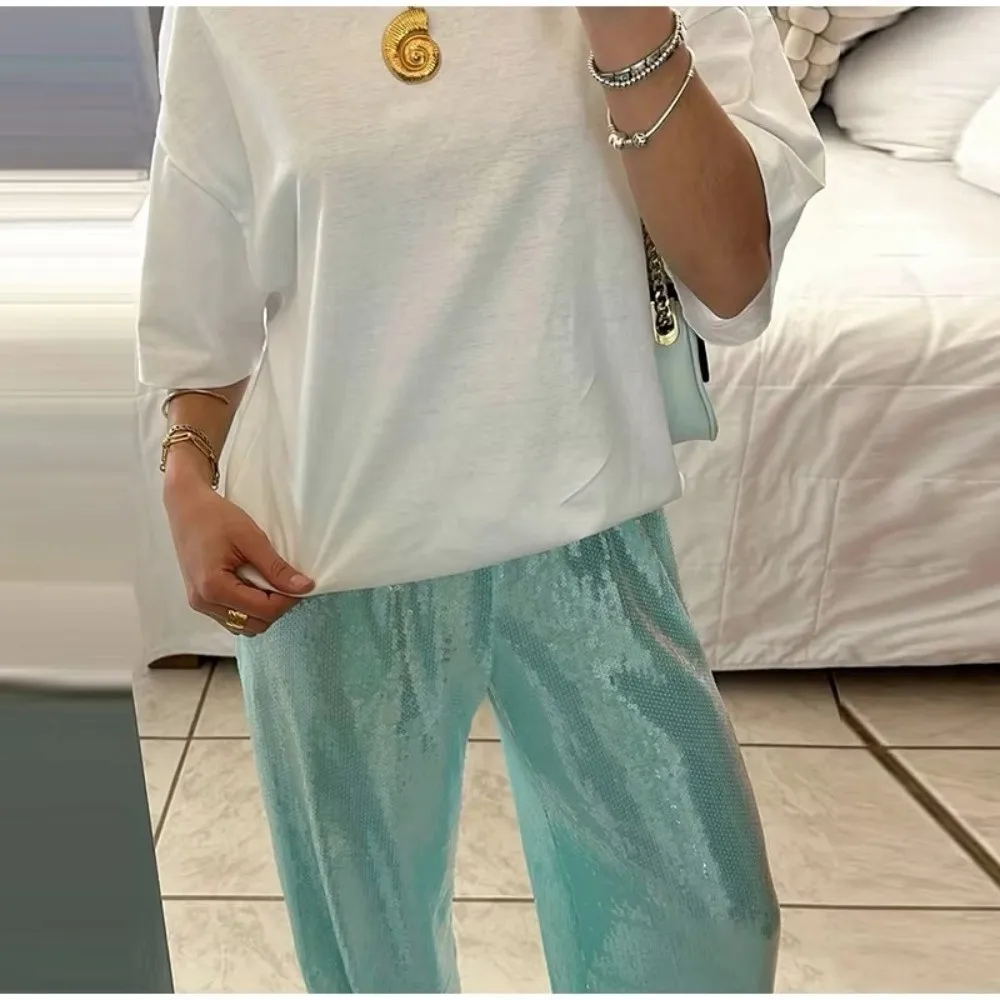 Fashion Drawstring High Waist Sequin Pants Loose Solid Color Wide Leg Pants Long Length Casual Trousers for Women