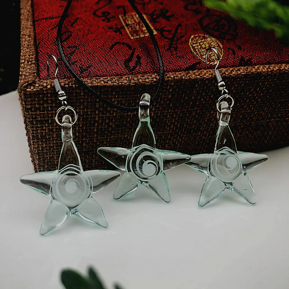 Women's Unique Starfish Blue Inner Spiral Glass Pendant Necklace And Earrings Set - Jewelry Accessory for Special Clothing