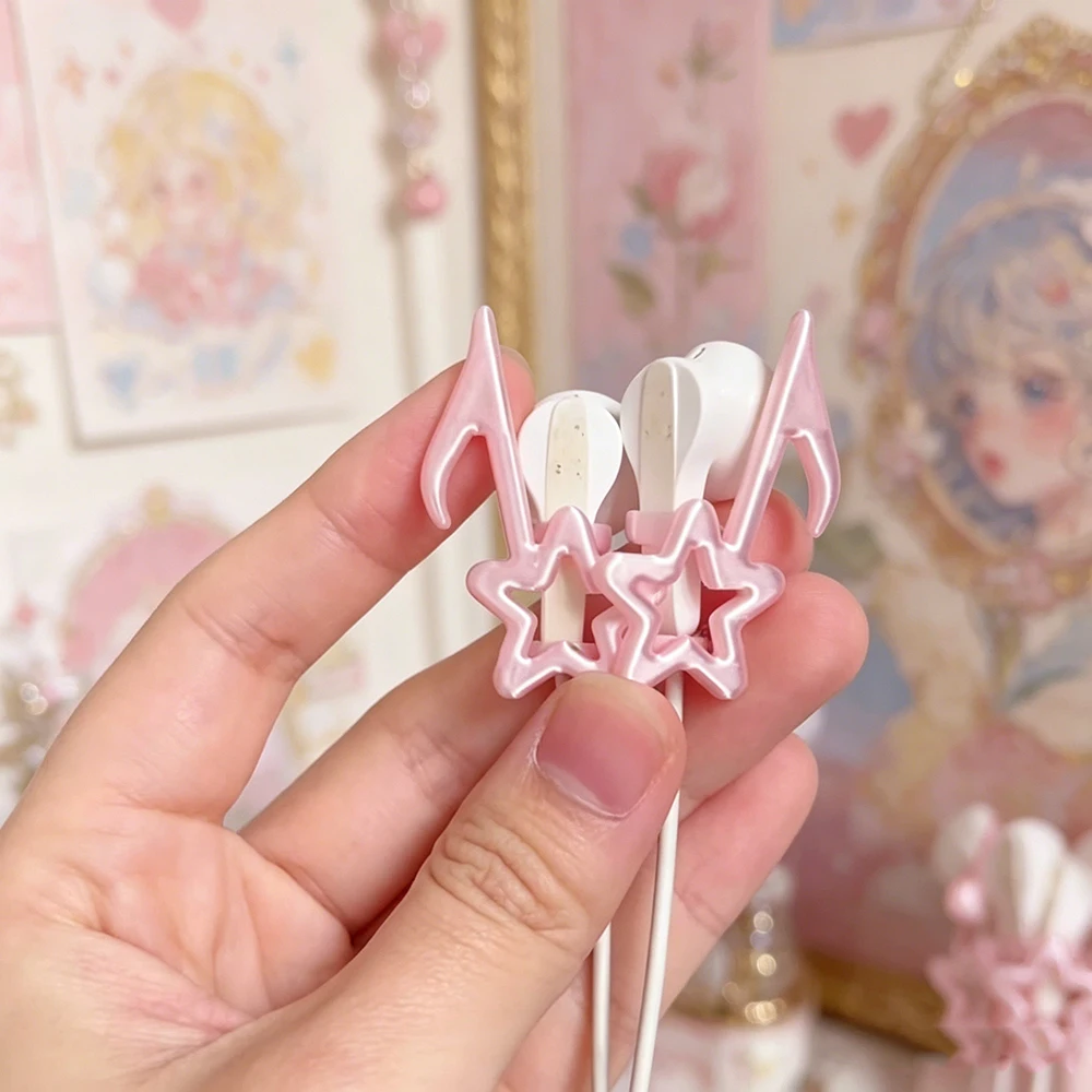 INS Style Pink Angel Wing Headphone Decor, 2Pcs Dreamy Star Ornament Creative Girl Decoration Accessories for Wired Earphones
