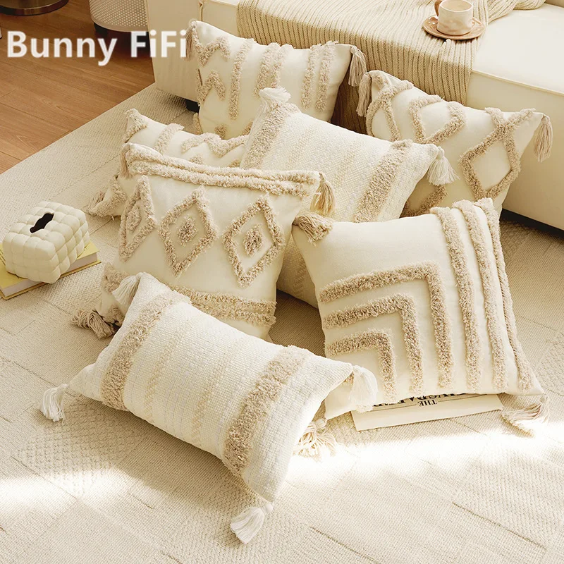 Woven Tufted Boho Decorative Throw Pillow Cover Modern Chevron Diamond Pattern Cushion Covers For Bed Sofa Living Room Decor