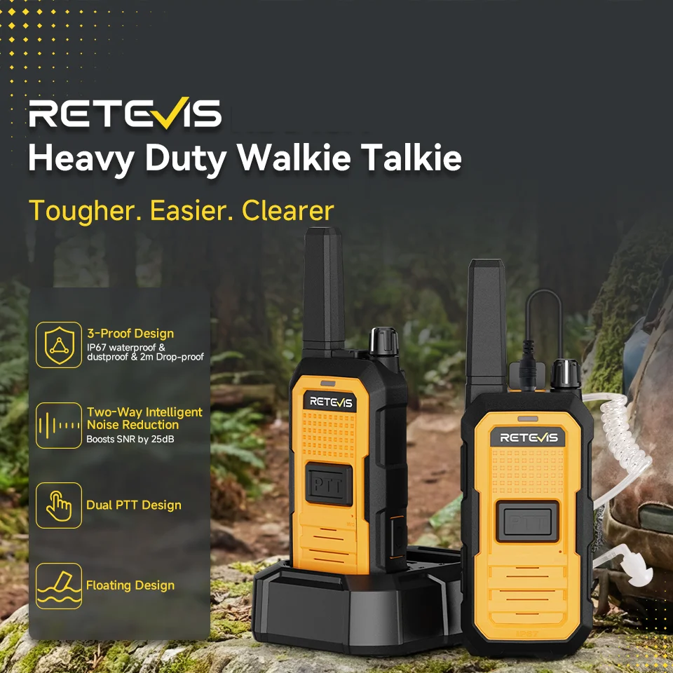Retevis RB48A/RB648A IP67 Waterproof Walkie Talkie Noise Reduction FastCharging Two Way Radio Floating Dual PTT Design Camping