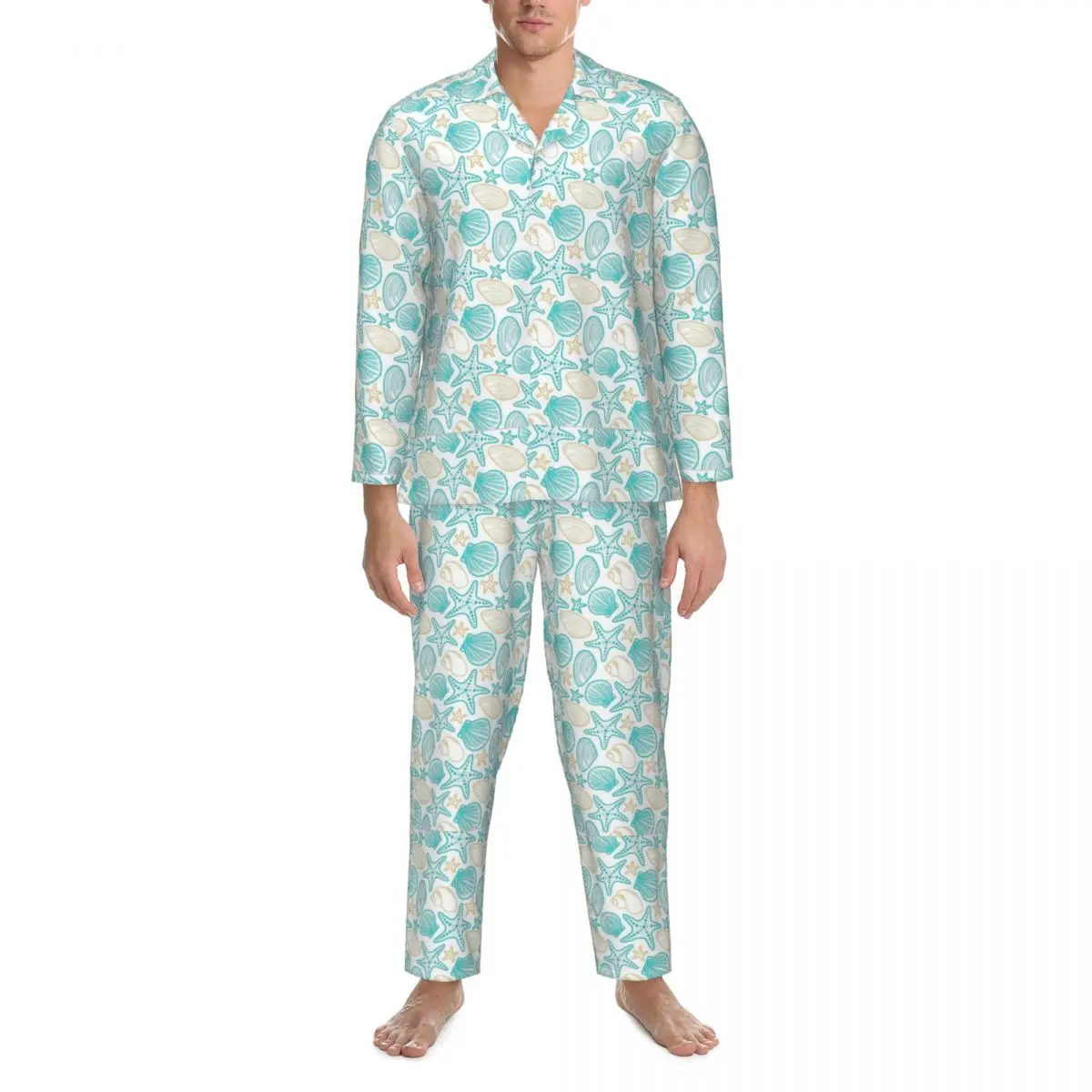 Pyjama's Man Beachy Zeeschelpen Kamer Nachtkleding 2-delig Casual losse pyjamasets Comfortabel oversized thuispak met lange mouwen