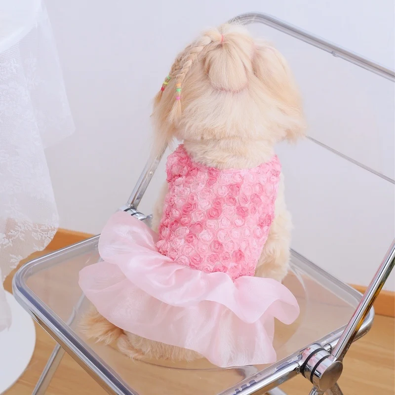 Rose Floral Cake Dress for Small Medium Dogs Gradient Pink Veils Kitten Clothing Multi Layered Maltese Puppy Spring Vest Skirt