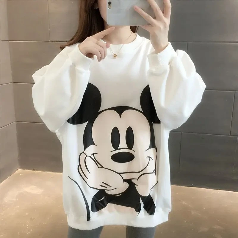 

2026 New Mickey Large Print Hoodie for Women Loose Fleece Lined Thickened Lazy Korean Style Casual Pullover Tops