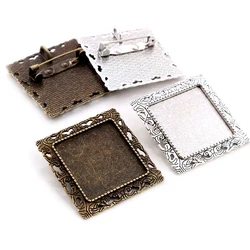 New Fashion 5pcs 25mm Inner Size Antique Silver Plated Bronze Brooch Square Cabochon Base Setting