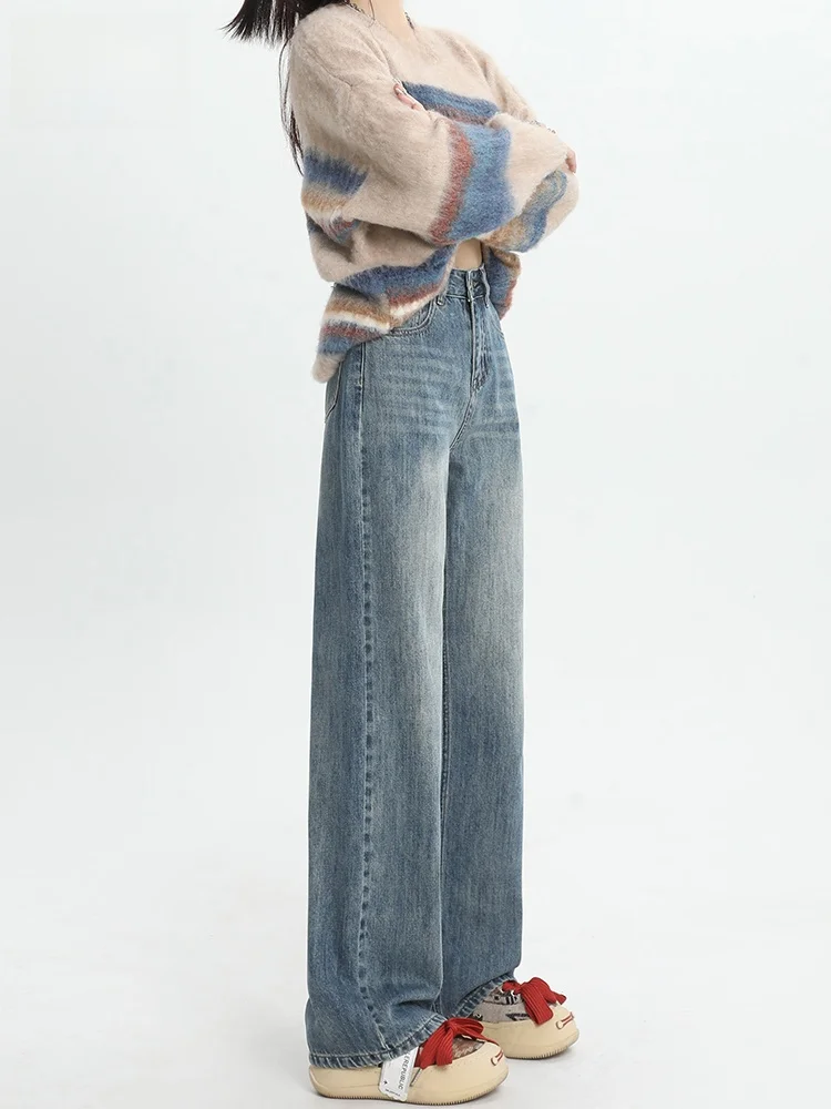 

High Waist Wide Leg Blue Jeans Women's Autumn Winter Slimming Small Size Drapey Nine Point Straight Floor Length Pants