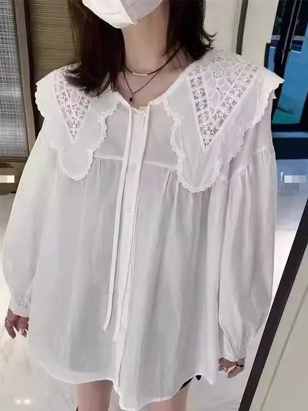

Sweet Style White Thin Summer Shirt for plus Size Women Baby Collar Anti UV Sun Protection Spring Autumn Fashion Outerwear