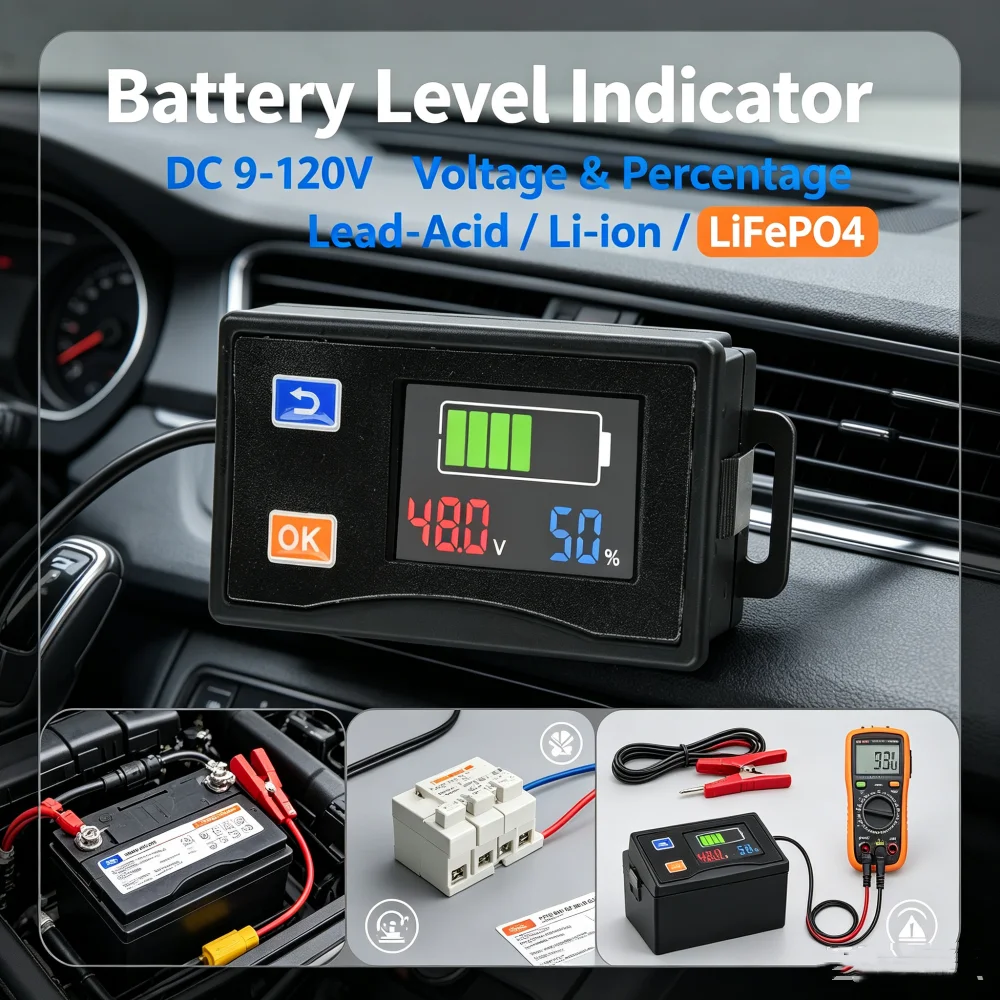 Dc 9v-120v 4-color LCD Screen Battery Capacity Indicator Module Lead Acid Lithium Car Motorcycle General Voltmeter Voltage Gauge