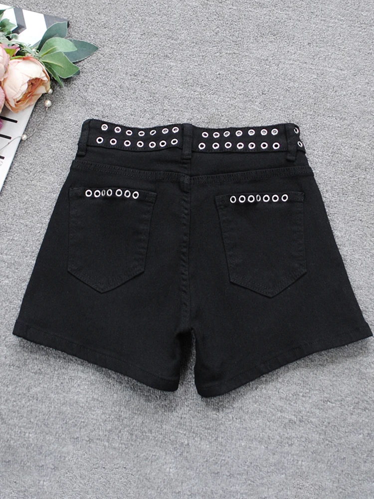 TWOTWINSTYLE Solid Chic Spliced Rivets Shorts For Women High Waist Patchwork Button Streetwear Shorts Female Fashion KPA517402