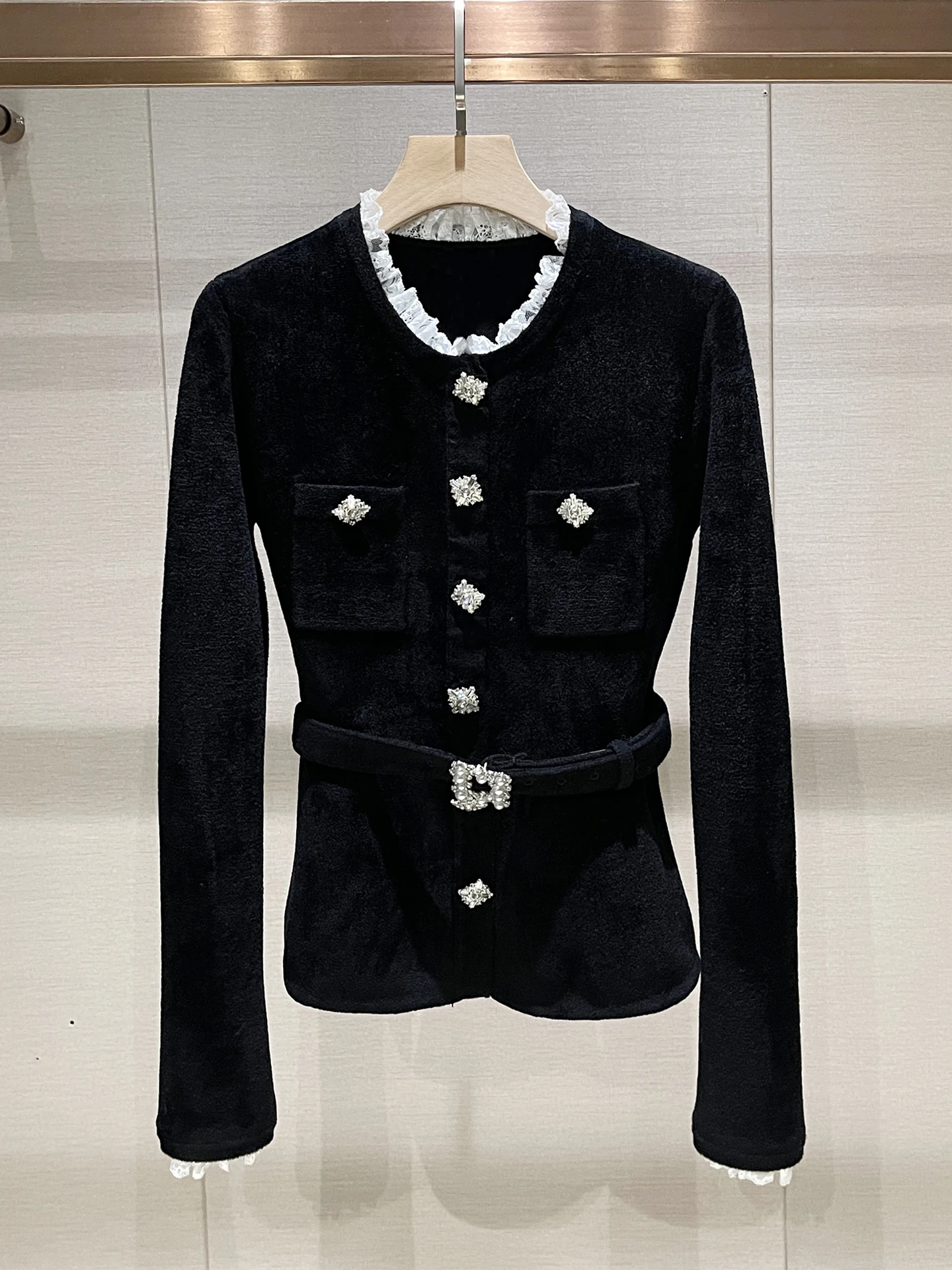 

Korean Sle Velvet Jaet Women's Slim Fit Single Button Coat Bla Waist Cinched Long Sve round Ne Casual Outerwear