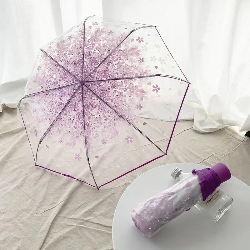 Sakura Transparent Umbrella Three-Fold Windproof Rainproof Korean Cute Mini Simple Folding Umbrella