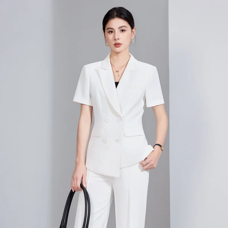 Summer short-sleeved double-breasted blazer with collar, women's pants and skirt two-piece set, cross-border professional attire