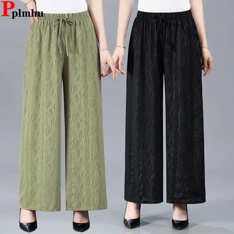

Ice Silk Thin Straight Mom Pantalones Lace-up High Elastic Waist Korea Wide Leg Pants Women Casual Broek Summer Baggy Spodnie