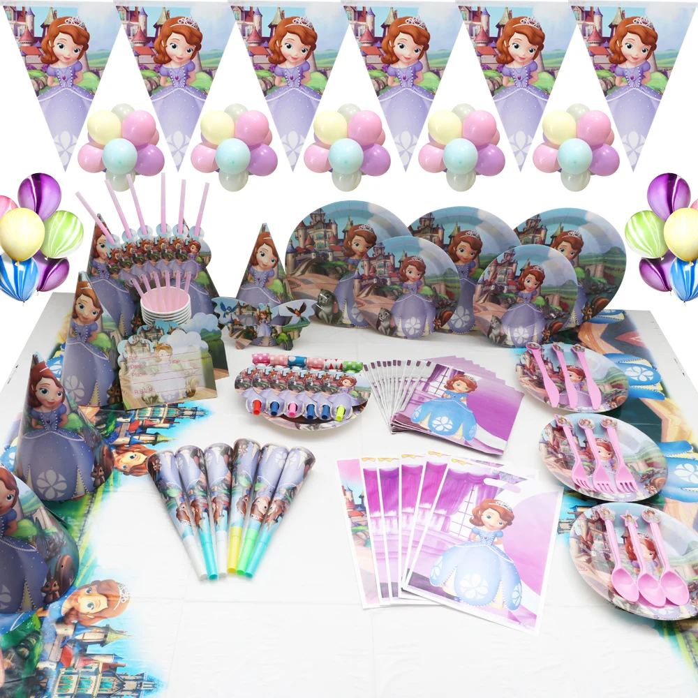 

Sofia The First Disney Princess Girl Birthday Party Theme Decoration Background Disposable Tableware Set Cup Plate Hat Sofia