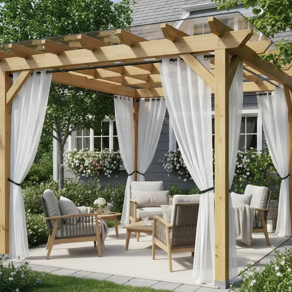 

4 Panels Porch Curtains Outdoor Waterproof Linen Semi White Sheer Drapes Sun Light Privacy Outside Textured Curtains for Patio P