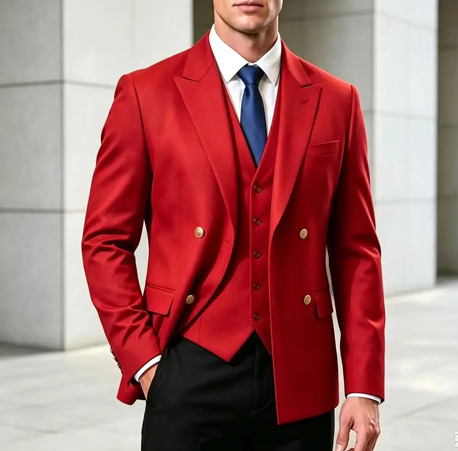 New Men's Double Breasted Suits 3 Piece Set Jacket Vest Pants Gold Buttons Formal Wedding Groom Prom Party Business Red Tuxedos