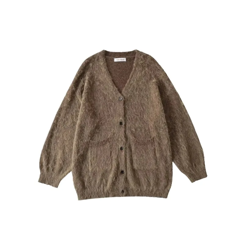 

Women's Autumn Winter V-Neck Long Sleeve Knitted Cardigan Jacket Loose Fit with Pockets Furry Single-Breasted Lazy Style