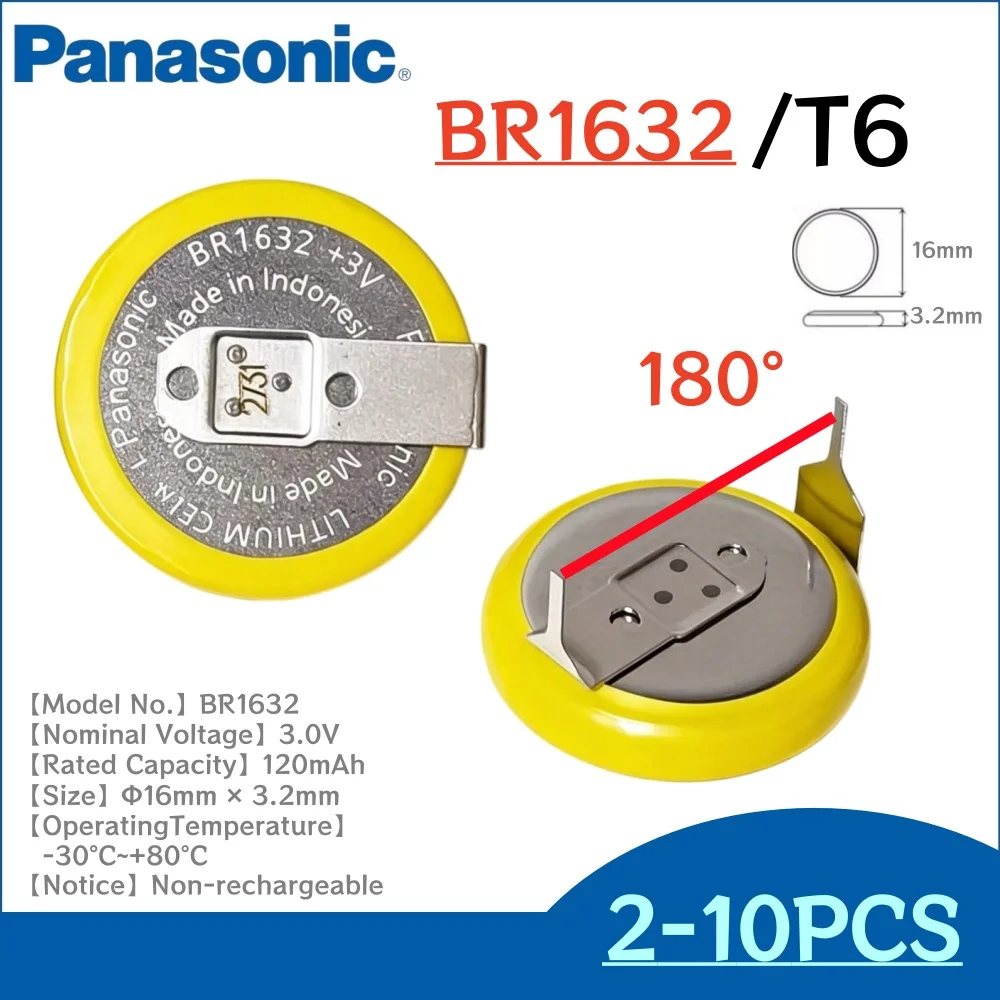 2~10Pcs Panasonic BR1632 T6 180° 3V Coin Cell Battery with Solder Tabs for PLC Computer Motherboard Medical Equipment